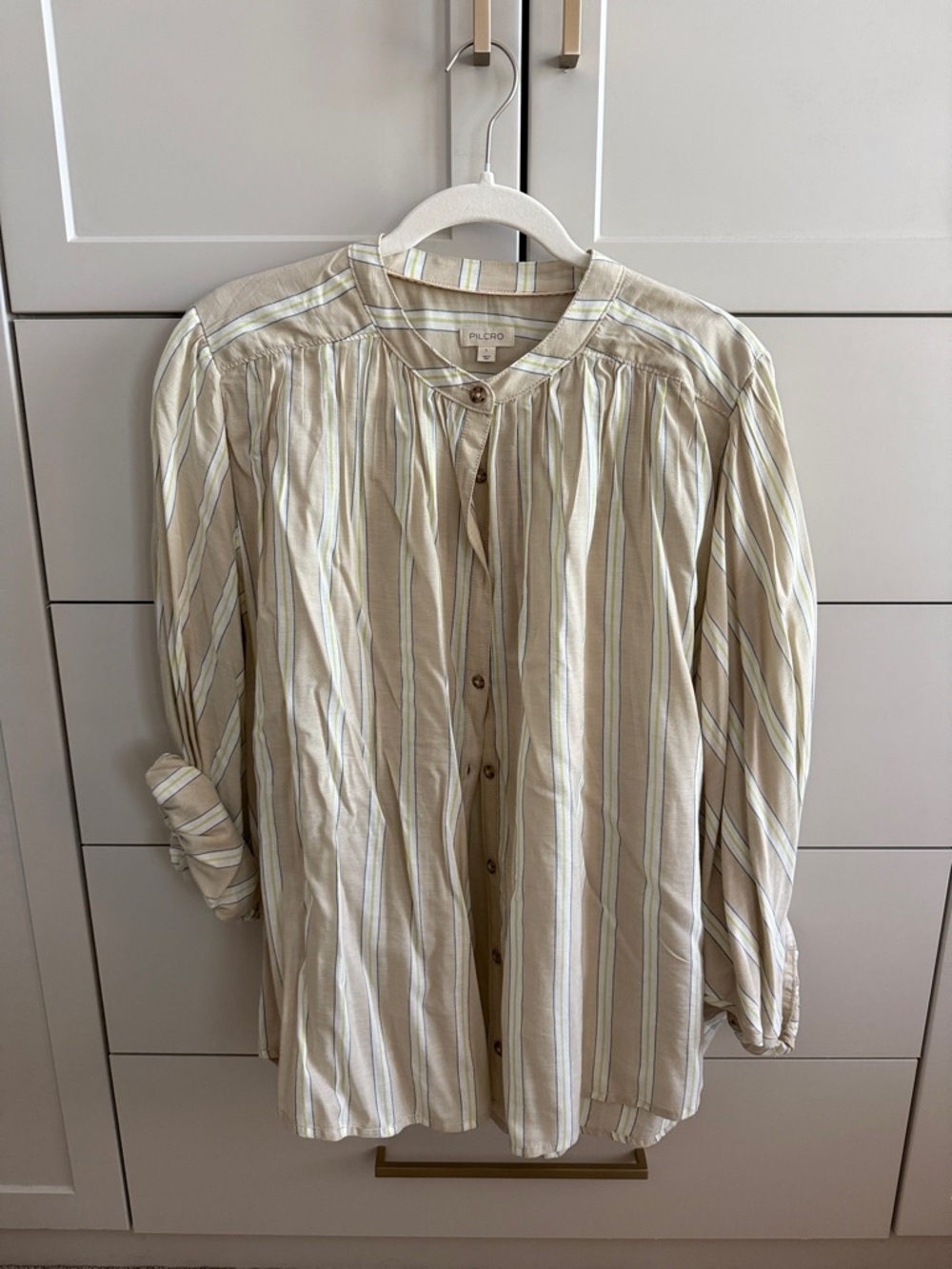 Pilcro Striped Button-Up Shirt in Cream and Light Green